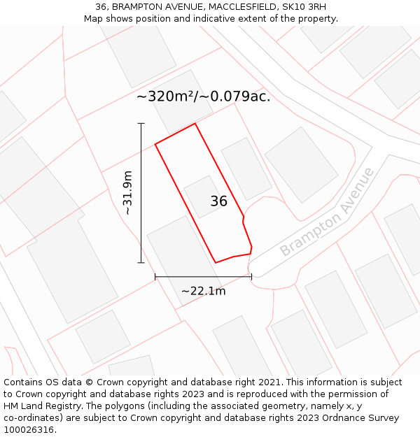 36, BRAMPTON AVENUE, MACCLESFIELD, SK10 3RH: Plot and title map