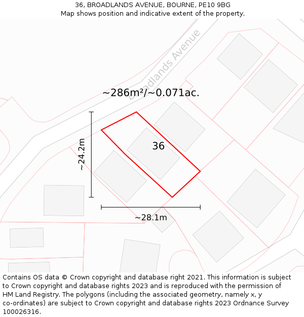 36, BROADLANDS AVENUE, BOURNE, PE10 9BG: Plot and title map