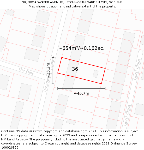 36, BROADWATER AVENUE, LETCHWORTH GARDEN CITY, SG6 3HF: Plot and title map