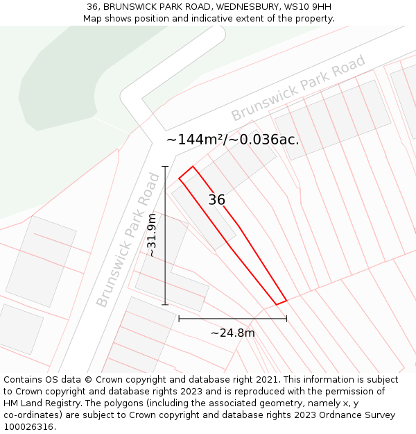 36, BRUNSWICK PARK ROAD, WEDNESBURY, WS10 9HH: Plot and title map