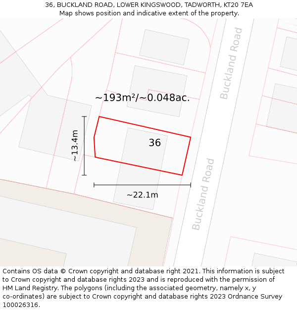 36, BUCKLAND ROAD, LOWER KINGSWOOD, TADWORTH, KT20 7EA: Plot and title map