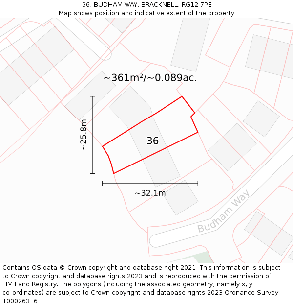 36, BUDHAM WAY, BRACKNELL, RG12 7PE: Plot and title map