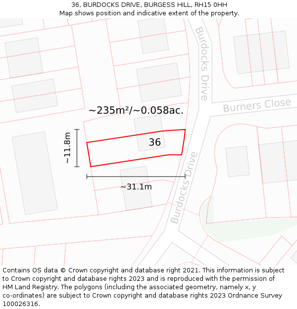 36, BURDOCKS DRIVE, BURGESS HILL, RH15 0HH: Plot and title map