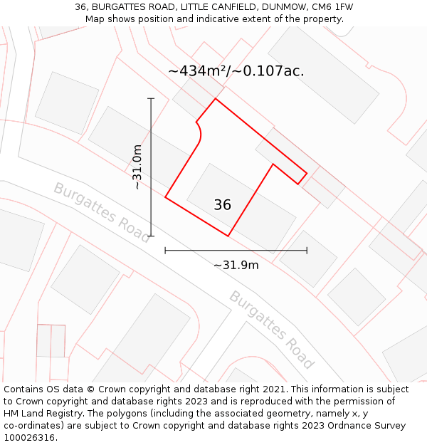 36, BURGATTES ROAD, LITTLE CANFIELD, DUNMOW, CM6 1FW: Plot and title map