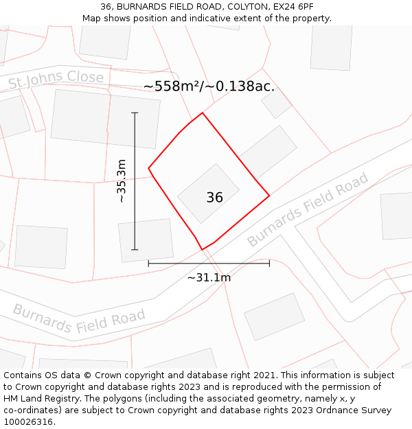 36, BURNARDS FIELD ROAD, COLYTON, EX24 6PF: Plot and title map