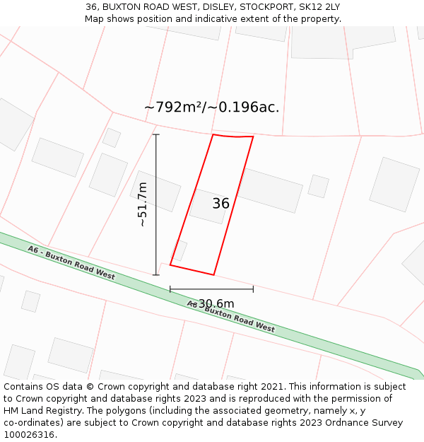 36, BUXTON ROAD WEST, DISLEY, STOCKPORT, SK12 2LY: Plot and title map