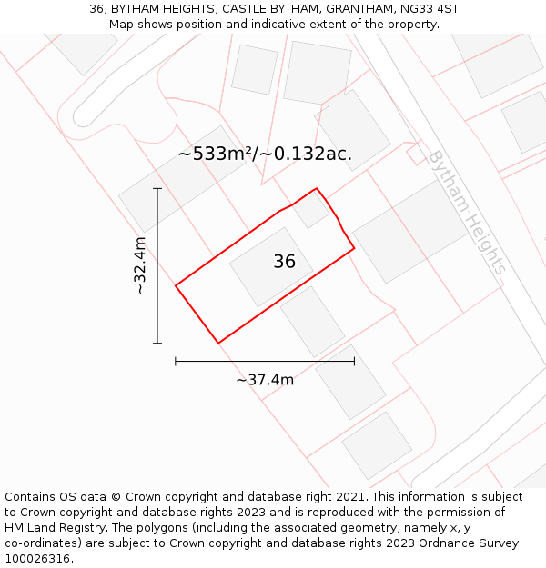 36, BYTHAM HEIGHTS, CASTLE BYTHAM, GRANTHAM, NG33 4ST: Plot and title map