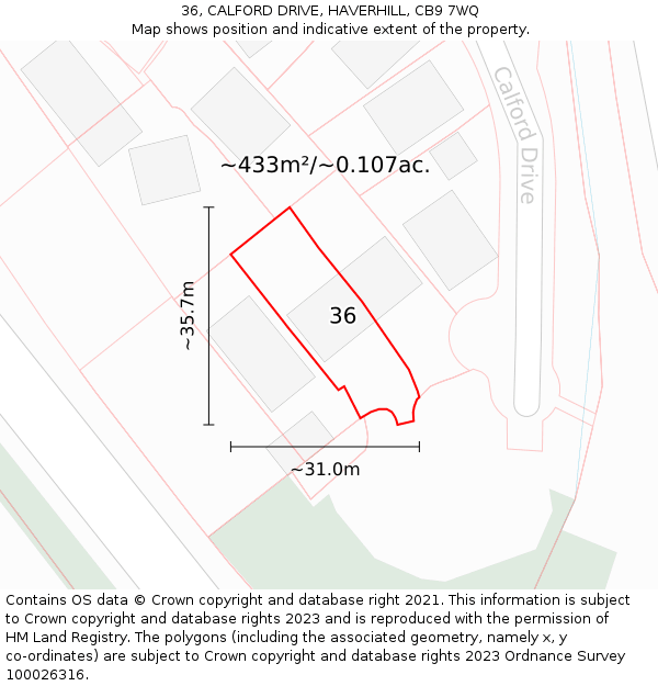 36, CALFORD DRIVE, HAVERHILL, CB9 7WQ: Plot and title map