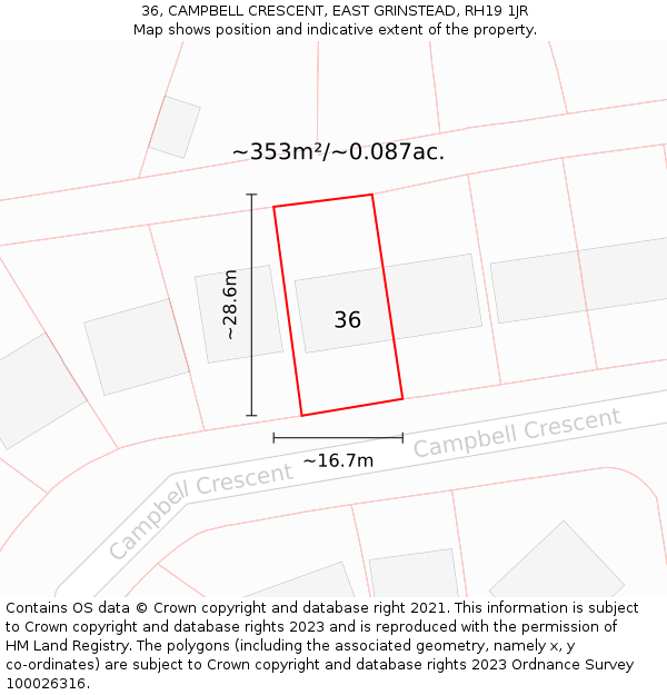 36, CAMPBELL CRESCENT, EAST GRINSTEAD, RH19 1JR: Plot and title map