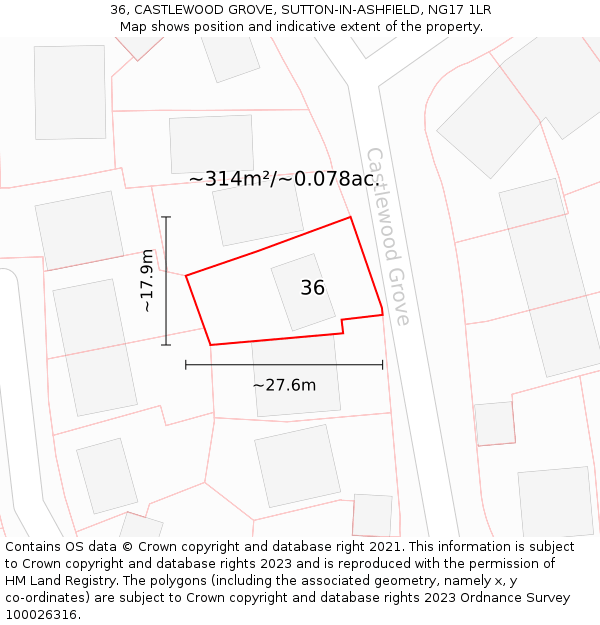 36, CASTLEWOOD GROVE, SUTTON-IN-ASHFIELD, NG17 1LR: Plot and title map