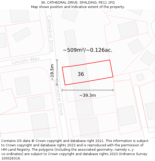 36, CATHEDRAL DRIVE, SPALDING, PE11 1PQ: Plot and title map