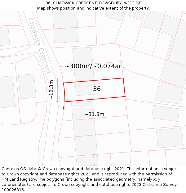 36, CHADWICK CRESCENT, DEWSBURY, WF13 2JF: Plot and title map