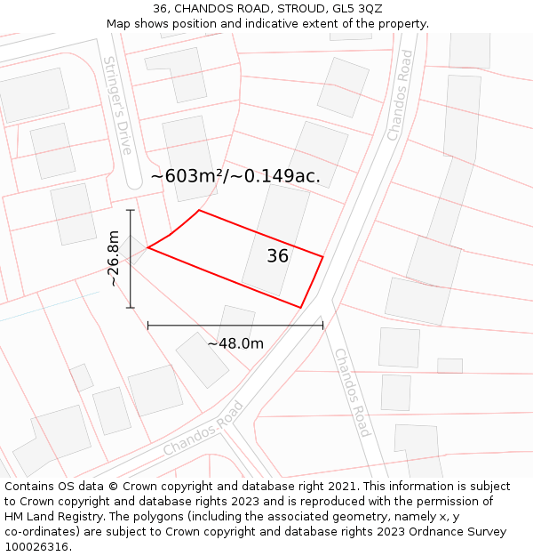 36, CHANDOS ROAD, STROUD, GL5 3QZ: Plot and title map