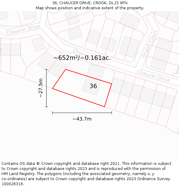 36, CHAUCER DRIVE, CROOK, DL15 9FN: Plot and title map