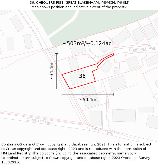 36, CHEQUERS RISE, GREAT BLAKENHAM, IPSWICH, IP6 0LT: Plot and title map