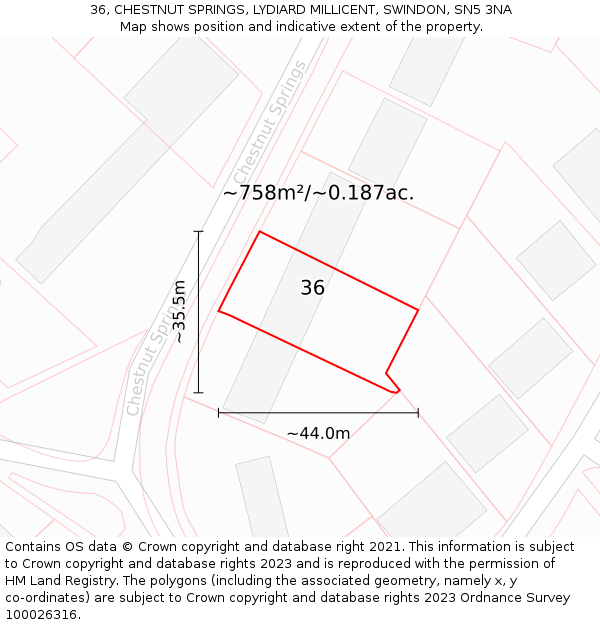 36, CHESTNUT SPRINGS, LYDIARD MILLICENT, SWINDON, SN5 3NA: Plot and title map