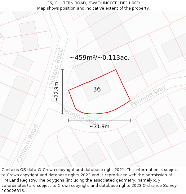 36, CHILTERN ROAD, SWADLINCOTE, DE11 9ED: Plot and title map