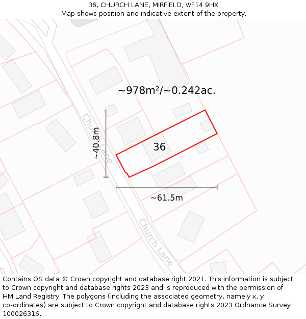 36, CHURCH LANE, MIRFIELD, WF14 9HX: Plot and title map