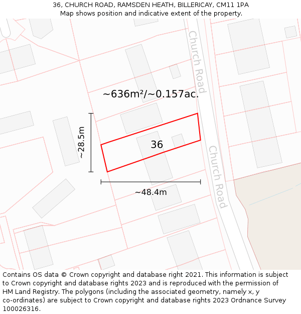 36, CHURCH ROAD, RAMSDEN HEATH, BILLERICAY, CM11 1PA: Plot and title map