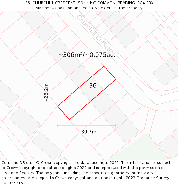 36, CHURCHILL CRESCENT, SONNING COMMON, READING, RG4 9RX: Plot and title map