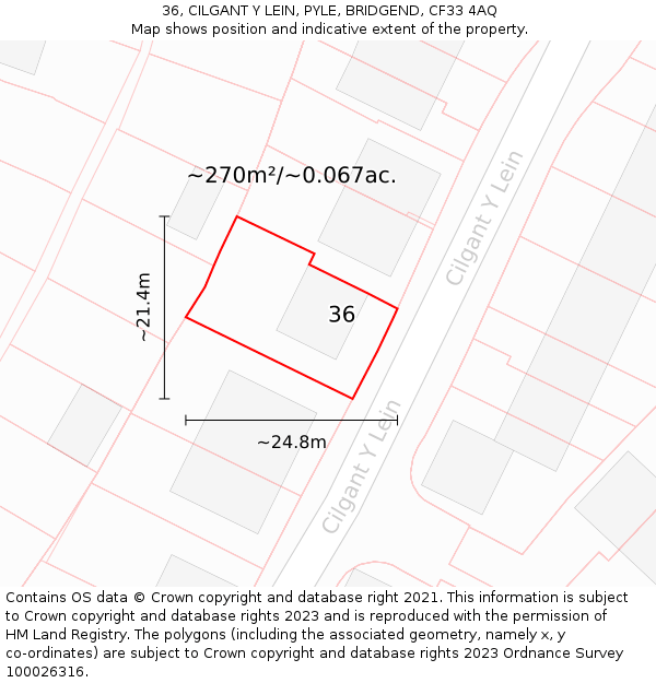 36, CILGANT Y LEIN, PYLE, BRIDGEND, CF33 4AQ: Plot and title map