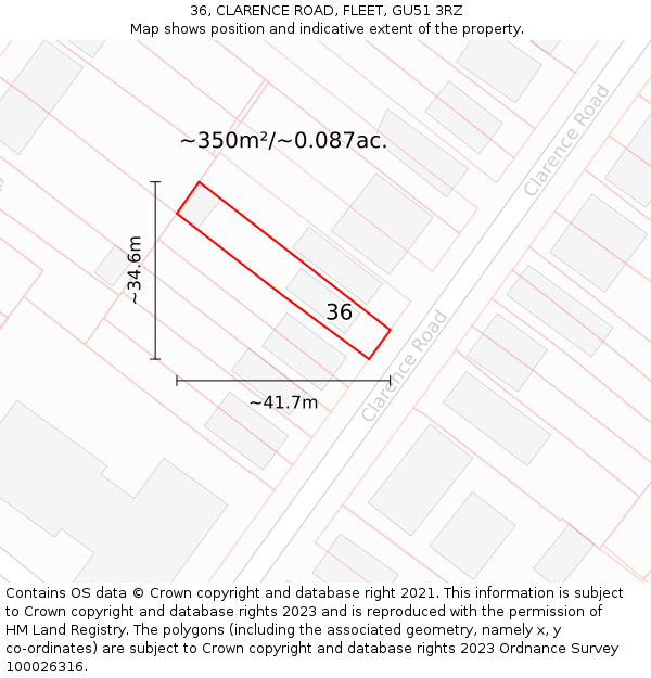 36, CLARENCE ROAD, FLEET, GU51 3RZ: Plot and title map