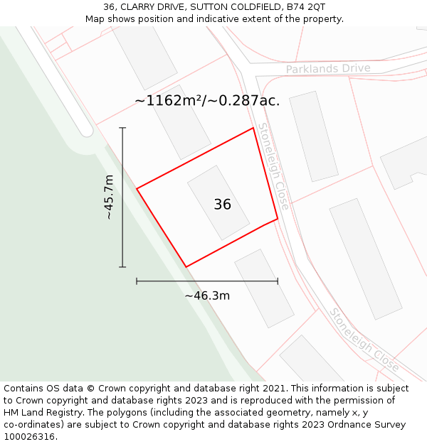 36, CLARRY DRIVE, SUTTON COLDFIELD, B74 2QT: Plot and title map