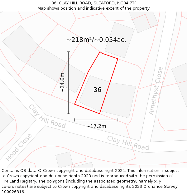 36, CLAY HILL ROAD, SLEAFORD, NG34 7TF: Plot and title map