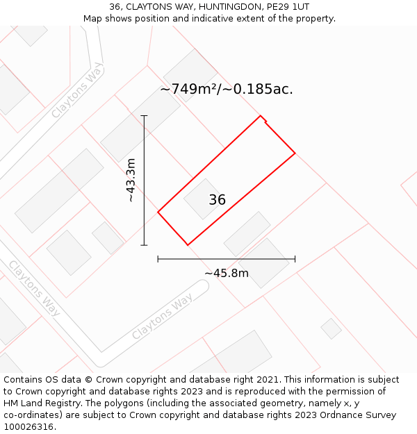 36, CLAYTONS WAY, HUNTINGDON, PE29 1UT: Plot and title map