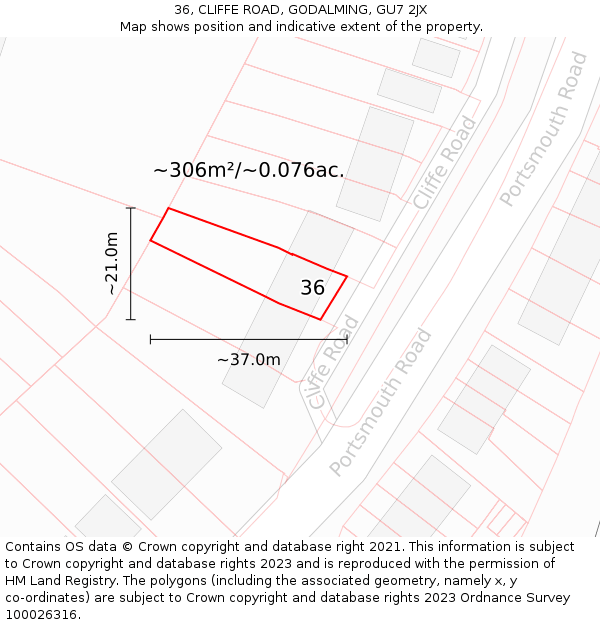 36, CLIFFE ROAD, GODALMING, GU7 2JX: Plot and title map