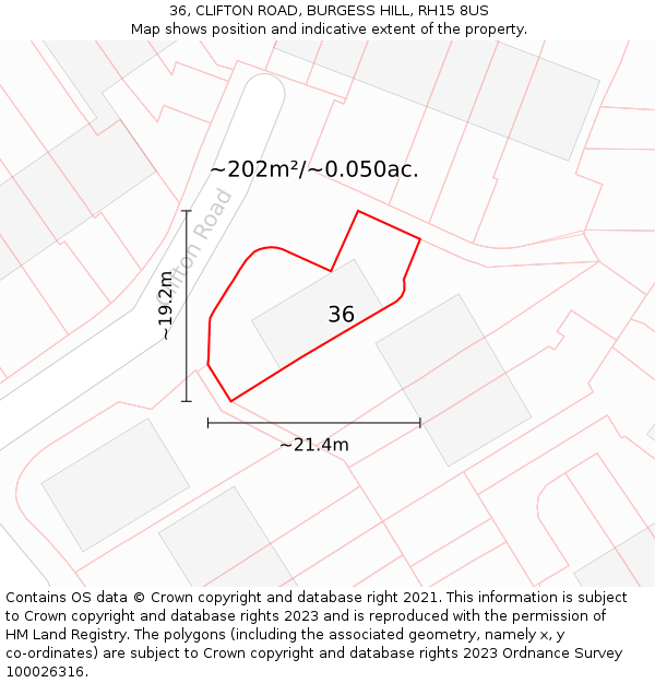 36, CLIFTON ROAD, BURGESS HILL, RH15 8US: Plot and title map