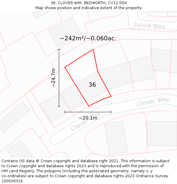 36, CLOVER WAY, BEDWORTH, CV12 0GX: Plot and title map