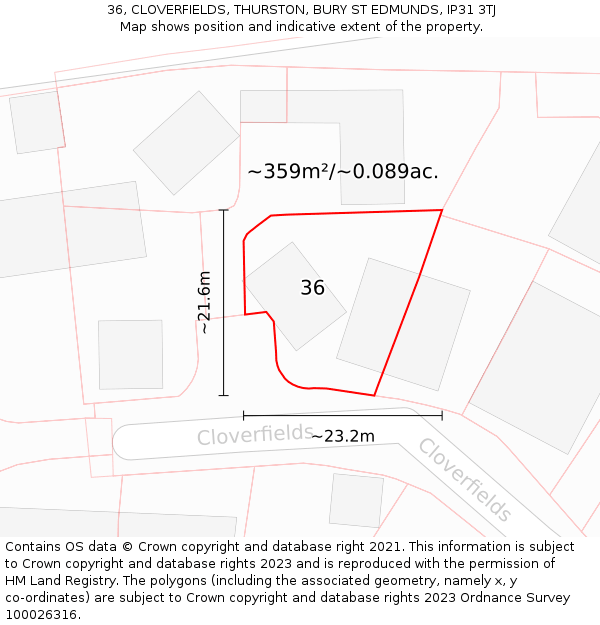 36, CLOVERFIELDS, THURSTON, BURY ST EDMUNDS, IP31 3TJ: Plot and title map