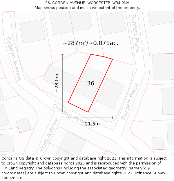 36, COBDEN AVENUE, WORCESTER, WR4 0NA: Plot and title map