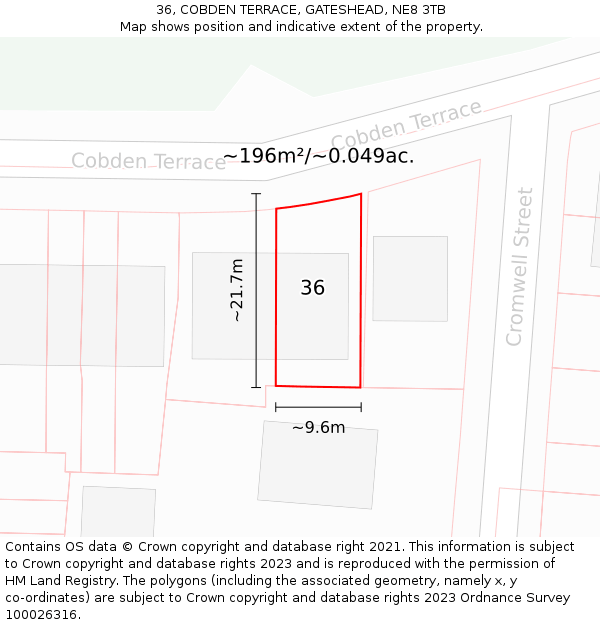 36, COBDEN TERRACE, GATESHEAD, NE8 3TB: Plot and title map