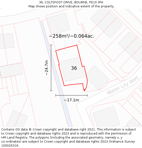 36, COLTSFOOT DRIVE, BOURNE, PE10 0FA: Plot and title map