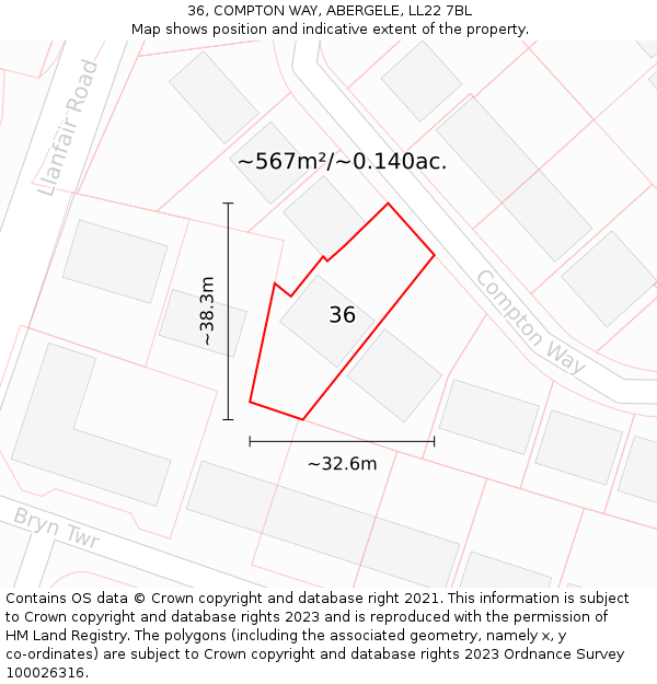 36, COMPTON WAY, ABERGELE, LL22 7BL: Plot and title map