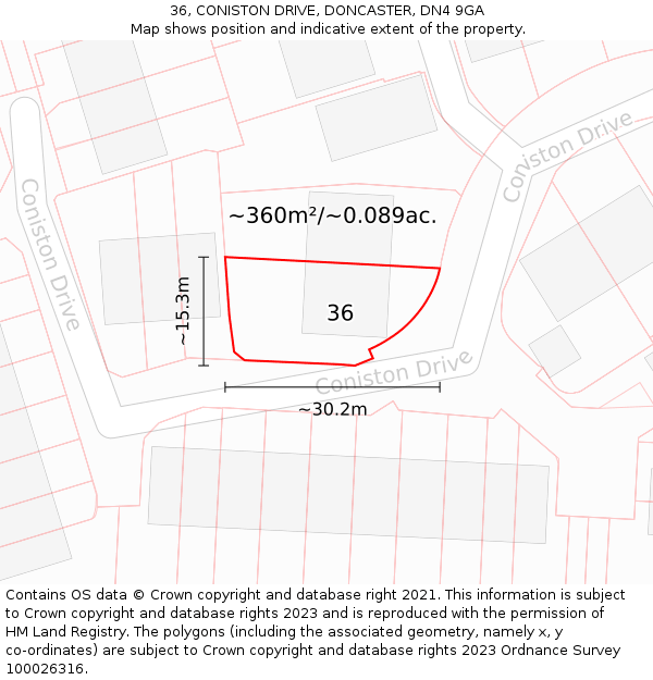 36, CONISTON DRIVE, DONCASTER, DN4 9GA: Plot and title map