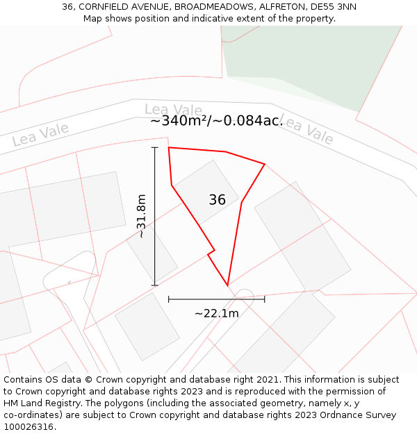 36, CORNFIELD AVENUE, BROADMEADOWS, ALFRETON, DE55 3NN: Plot and title map