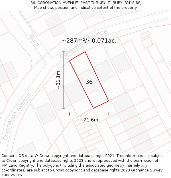 36, CORONATION AVENUE, EAST TILBURY, TILBURY, RM18 8SJ: Plot and title map