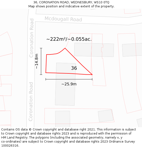 36, CORONATION ROAD, WEDNESBURY, WS10 0TQ: Plot and title map