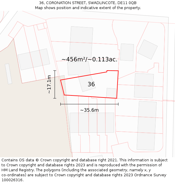 36, CORONATION STREET, SWADLINCOTE, DE11 0QB: Plot and title map