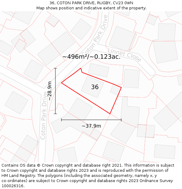 36, COTON PARK DRIVE, RUGBY, CV23 0WN: Plot and title map