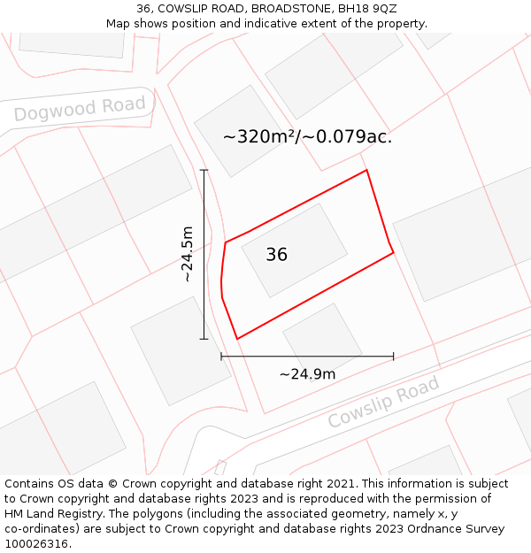 36, COWSLIP ROAD, BROADSTONE, BH18 9QZ: Plot and title map