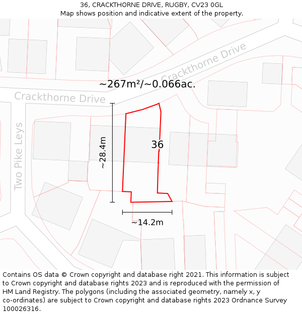 36, CRACKTHORNE DRIVE, RUGBY, CV23 0GL: Plot and title map