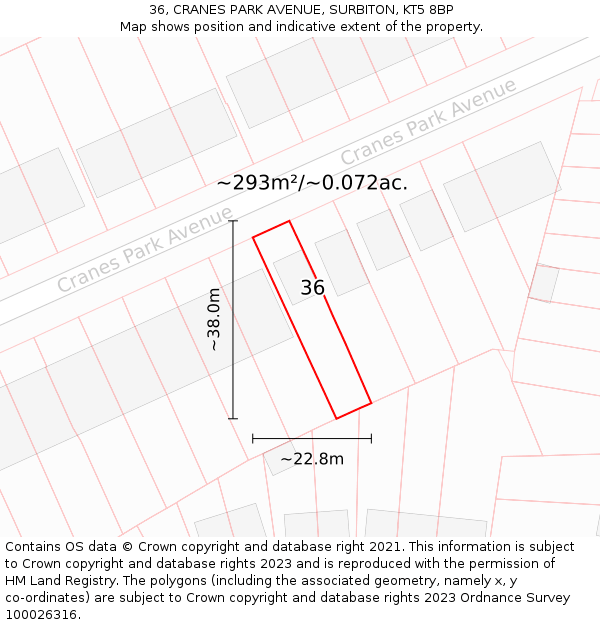 36, CRANES PARK AVENUE, SURBITON, KT5 8BP: Plot and title map