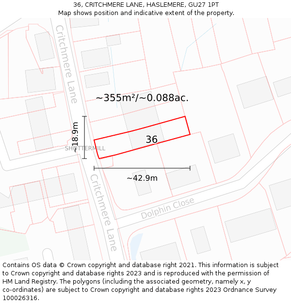 36, CRITCHMERE LANE, HASLEMERE, GU27 1PT: Plot and title map