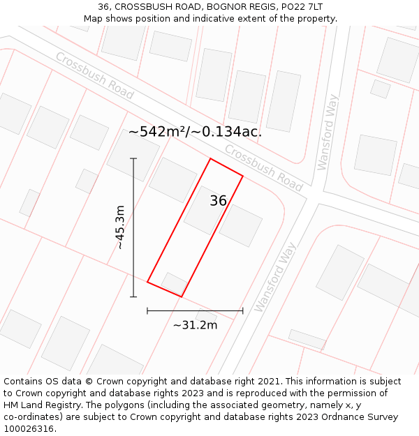 36, CROSSBUSH ROAD, BOGNOR REGIS, PO22 7LT: Plot and title map