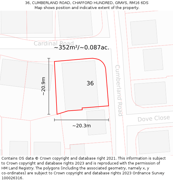 36, CUMBERLAND ROAD, CHAFFORD HUNDRED, GRAYS, RM16 6DS: Plot and title map