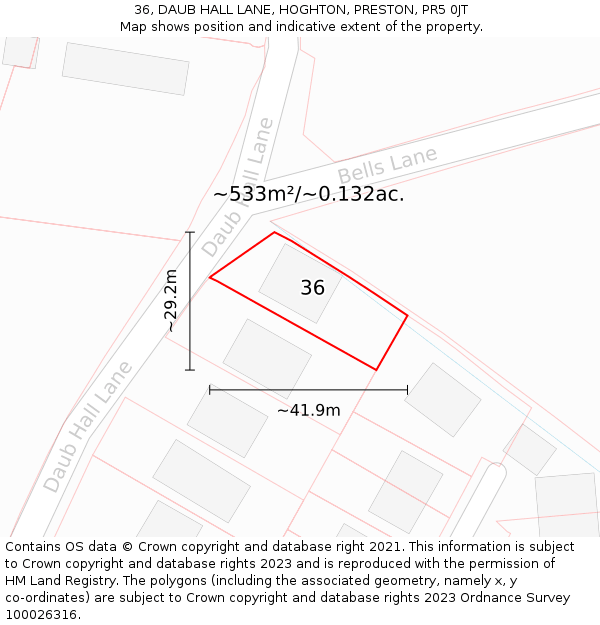 36, DAUB HALL LANE, HOGHTON, PRESTON, PR5 0JT: Plot and title map